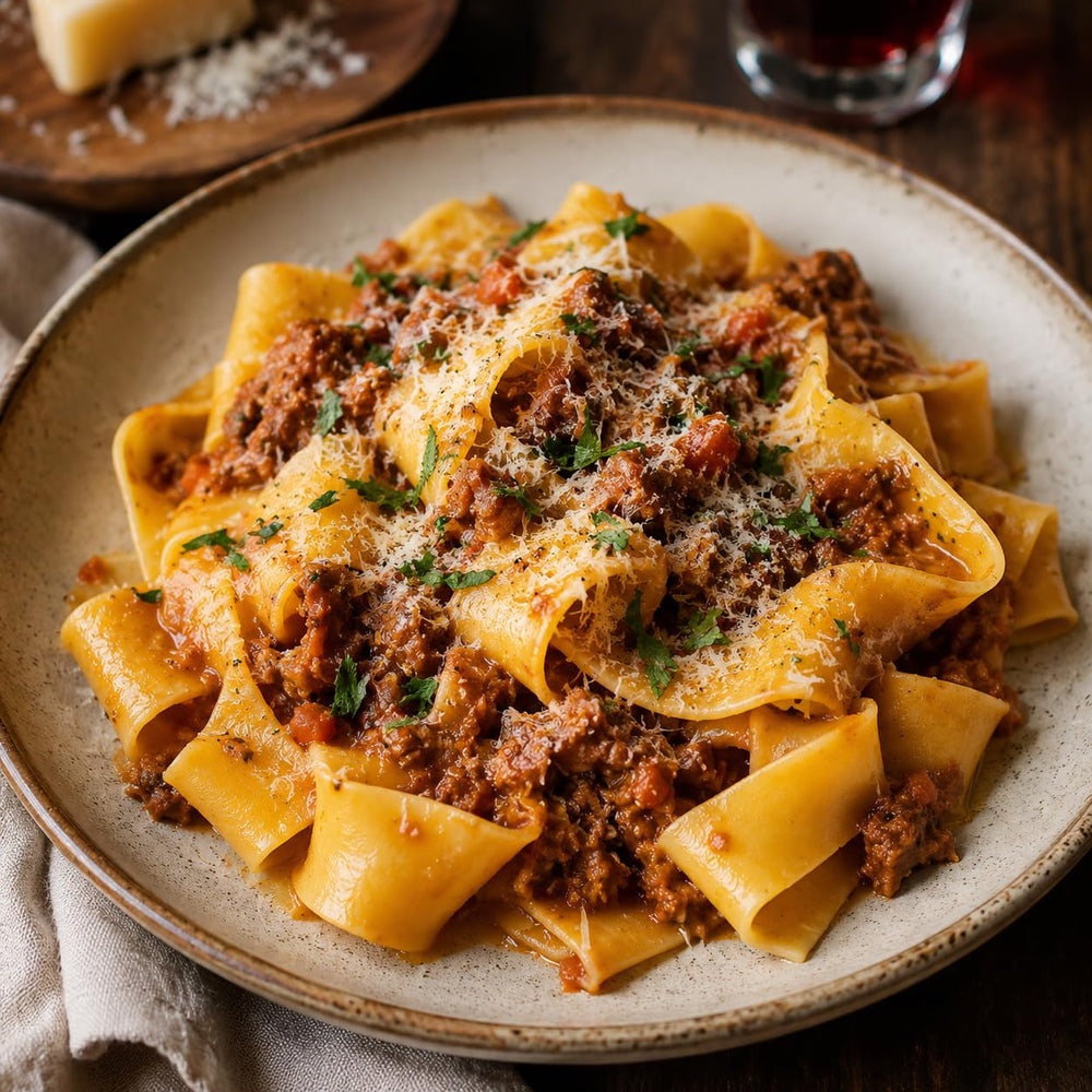 Sanniti cooked pappardelle with ragù showing hearty sauce adhesion benefit