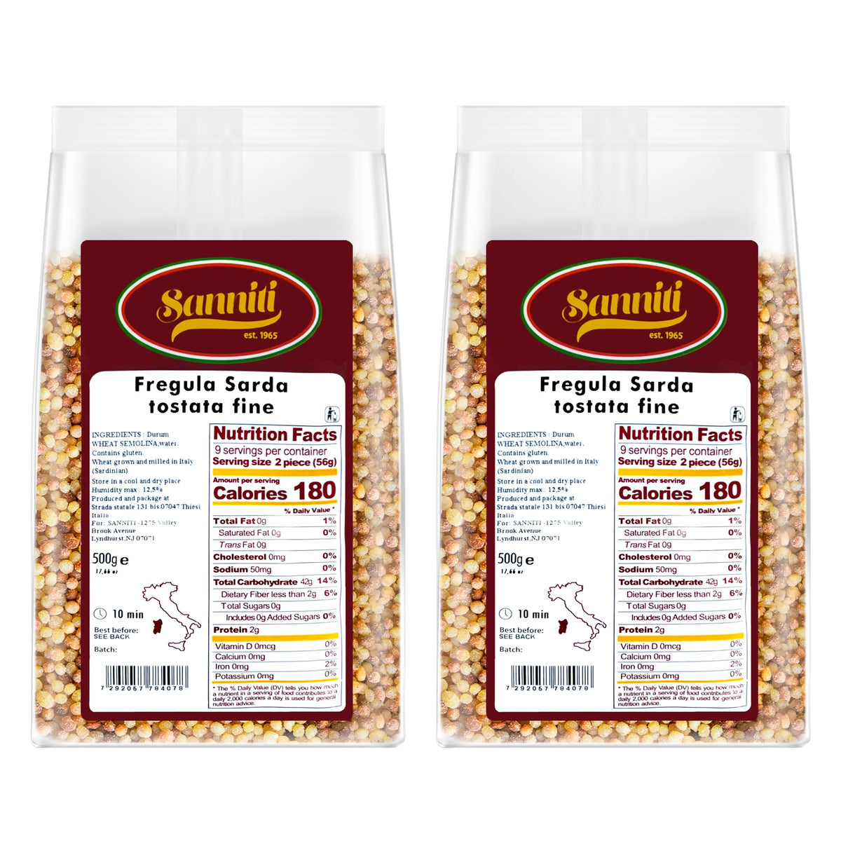 Sanniti front packaging showing two 17.6 oz bags and organic label benefit