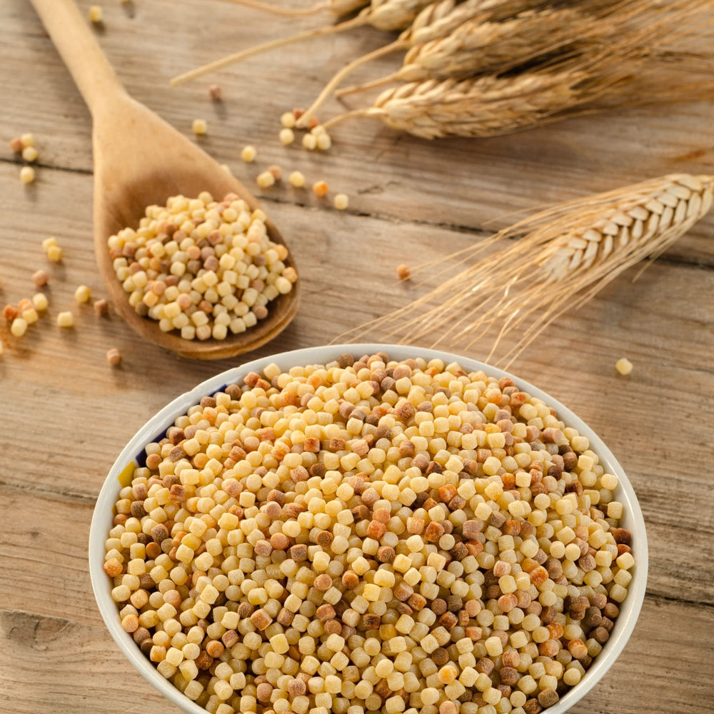 Sanniti fregola served in sauce bowl illustrating sauce retention benefit
