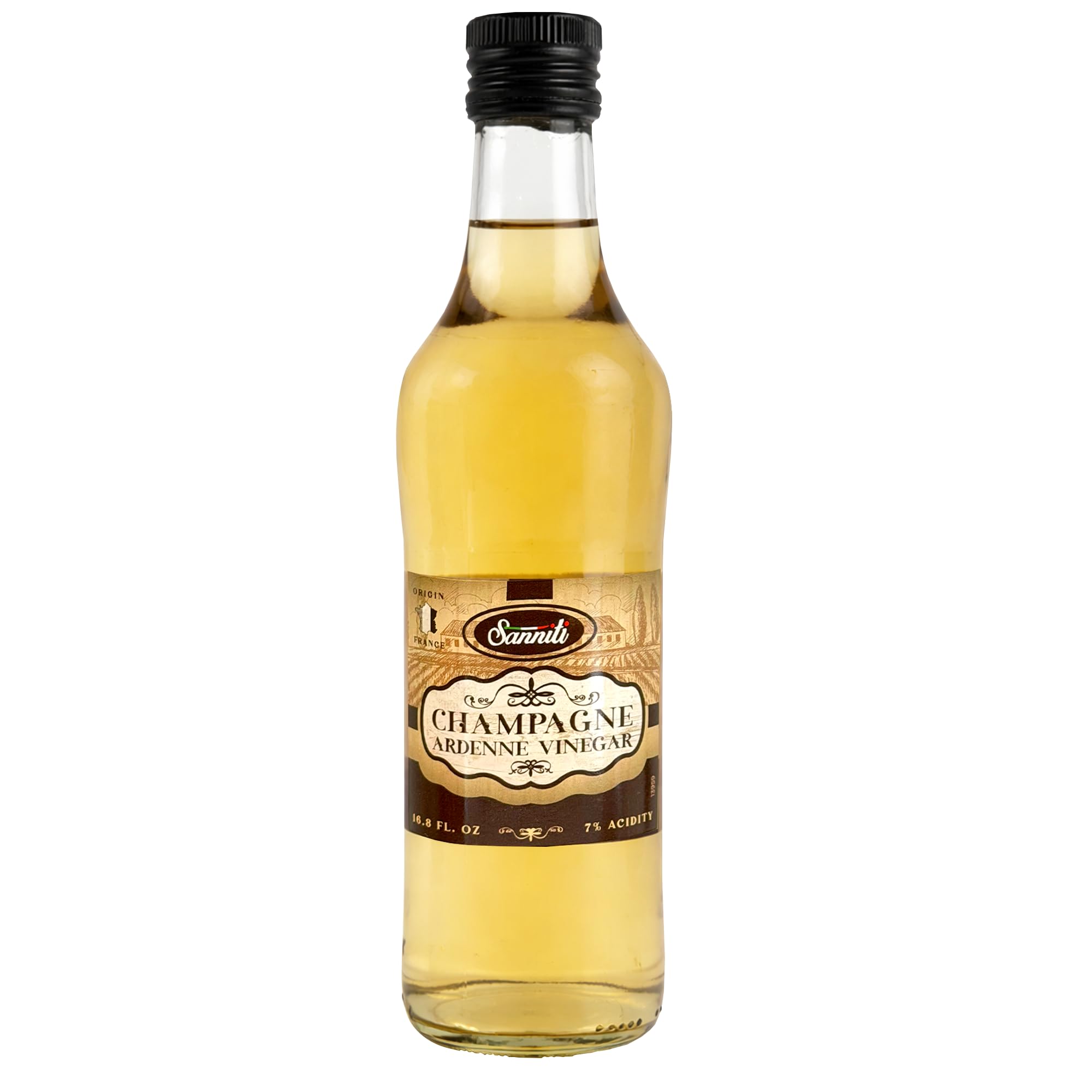 Sanniti front packaging showing elegant bottle and clear vinegar benefit: refined presentation