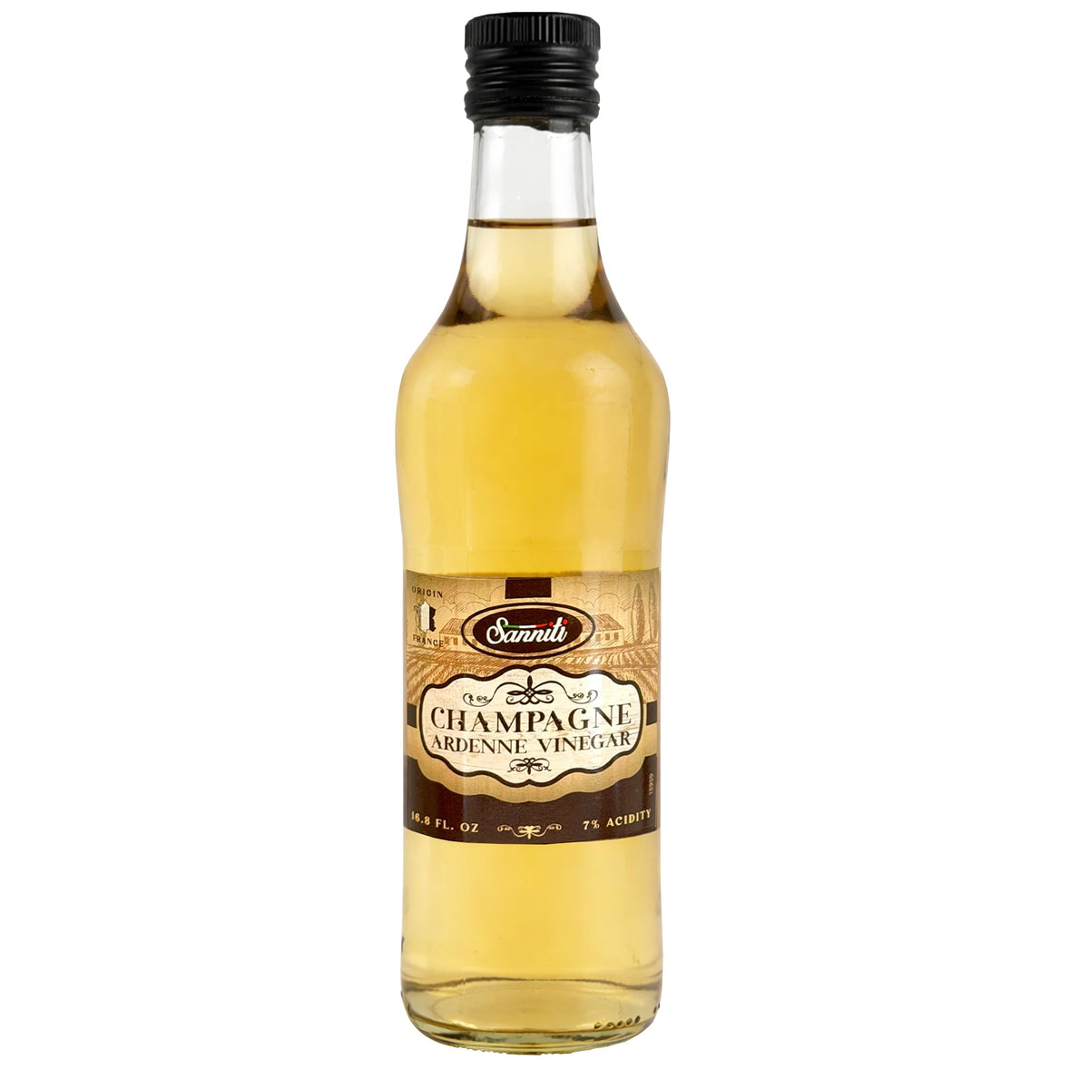 Sanniti front packaging showing elegant bottle and clear vinegar benefit: refined presentation