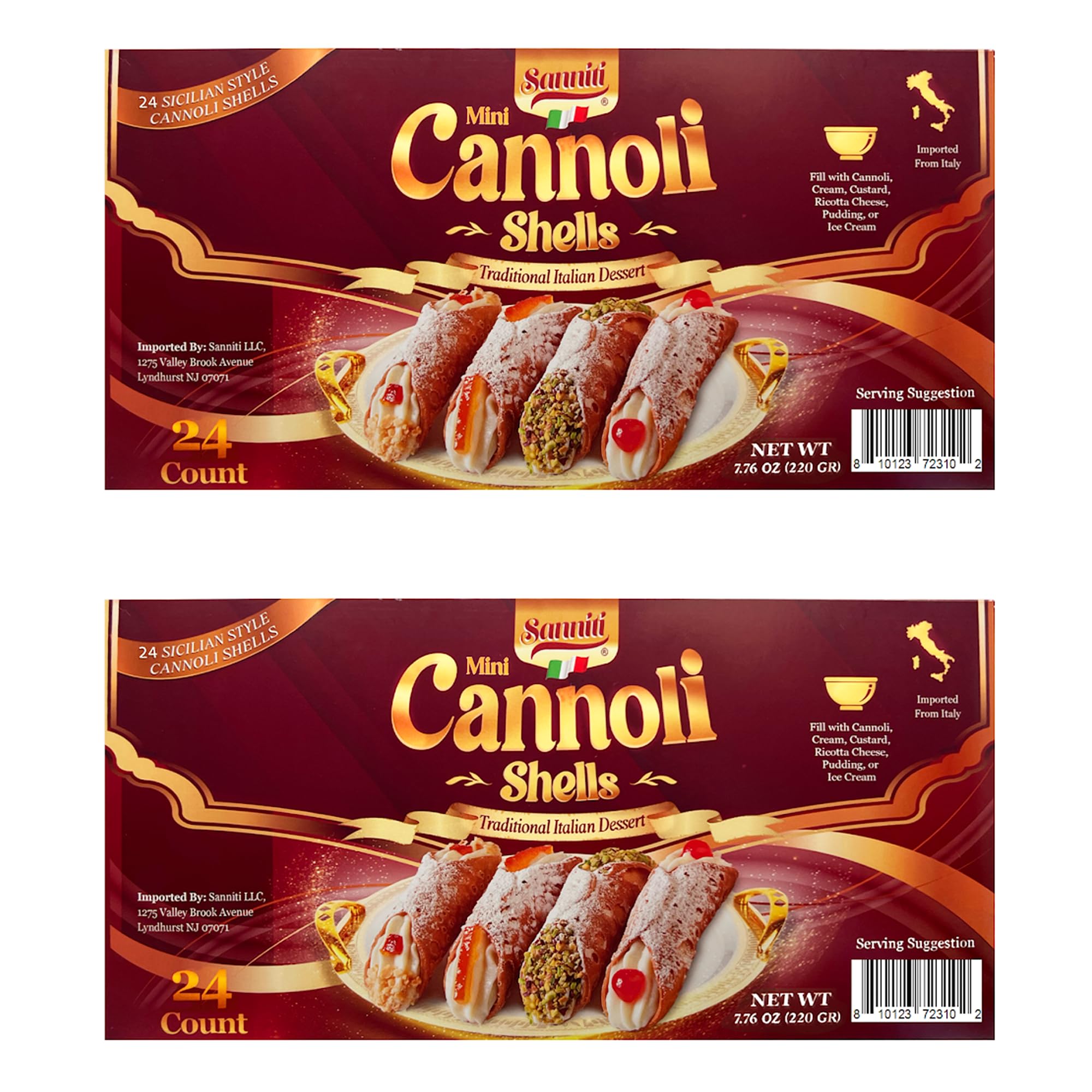 Sanniti package front view showing 24 mini cannoli shells and Italian origin