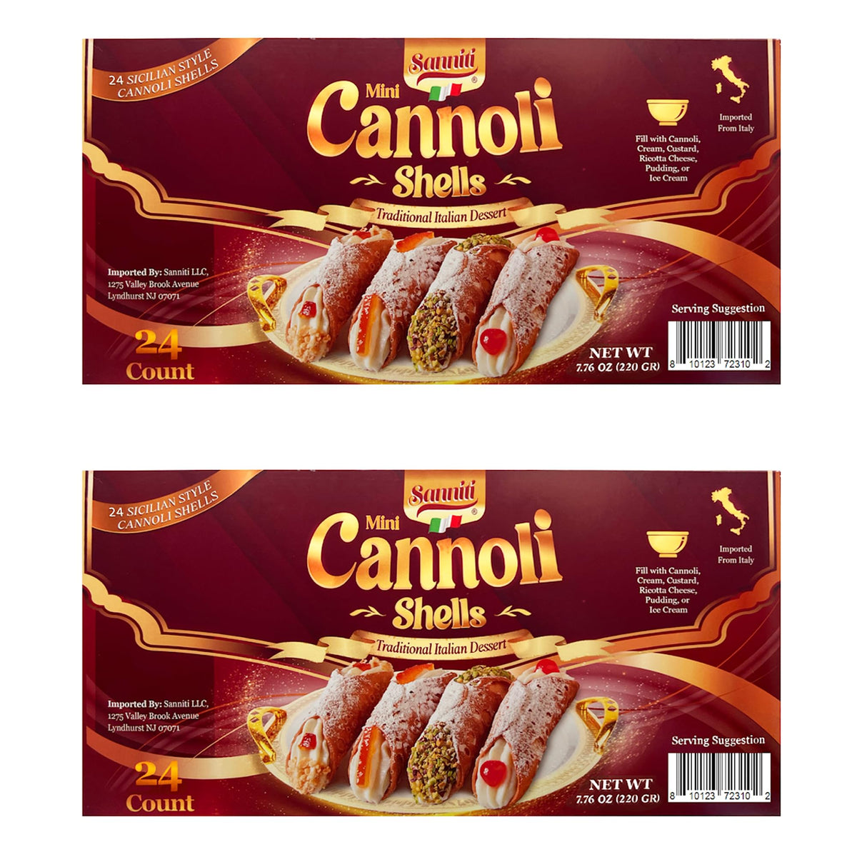 Sanniti package front view showing 24 mini cannoli shells and Italian origin