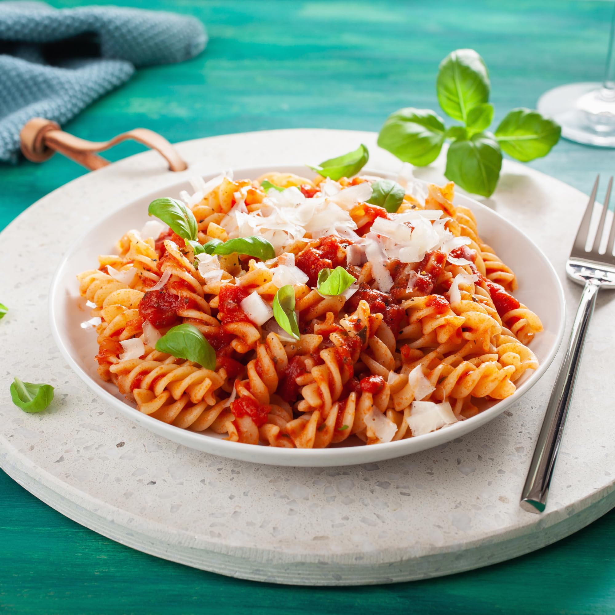 Sanniti fusilli beside kitchen scale showing single-portion size