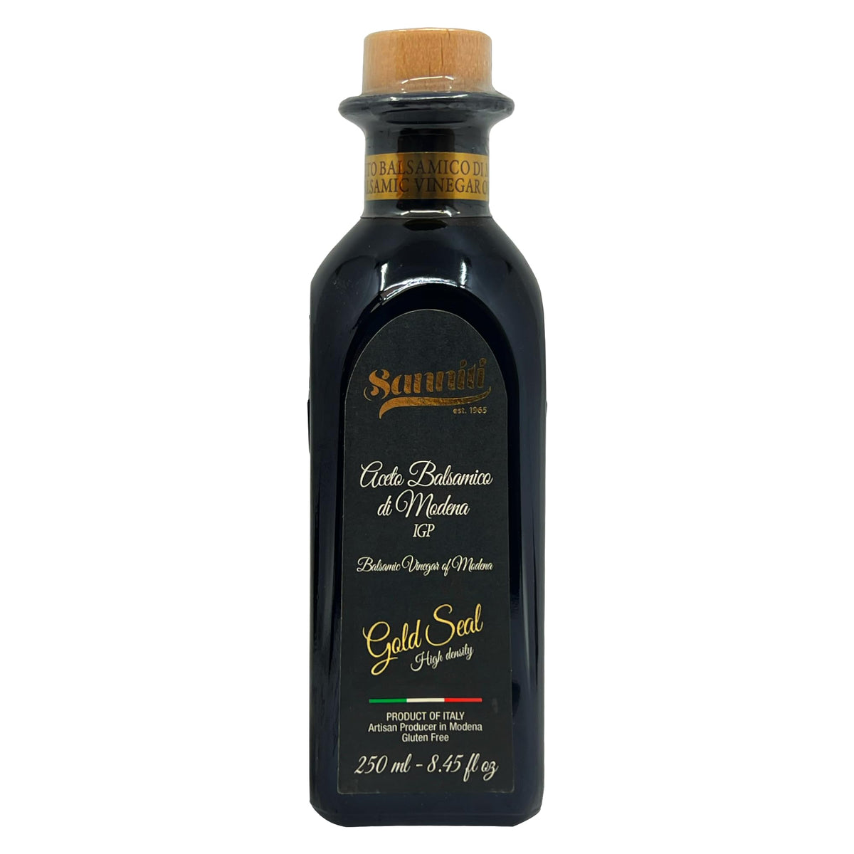 Sanniti bottle front view showing Premium Aged Gold Seal branding and dark color benefit