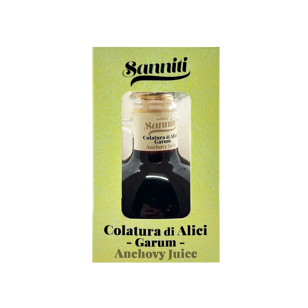 Sanniti label detail with anchovy extract information, clear identity benefit