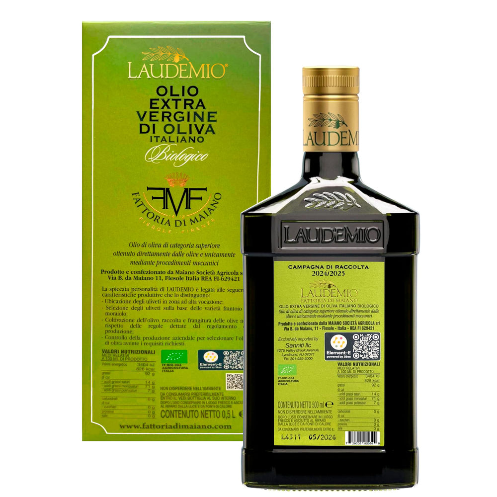 Sanniti label close-up highlights Laudemio seal and producer details clearly