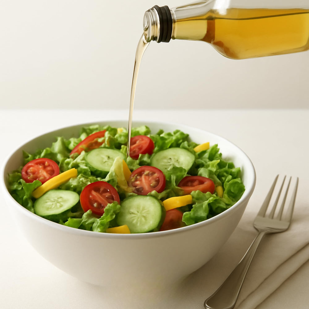 Sanniti bottle on kitchen counter with salad showing lifestyle benefit: everyday versatility