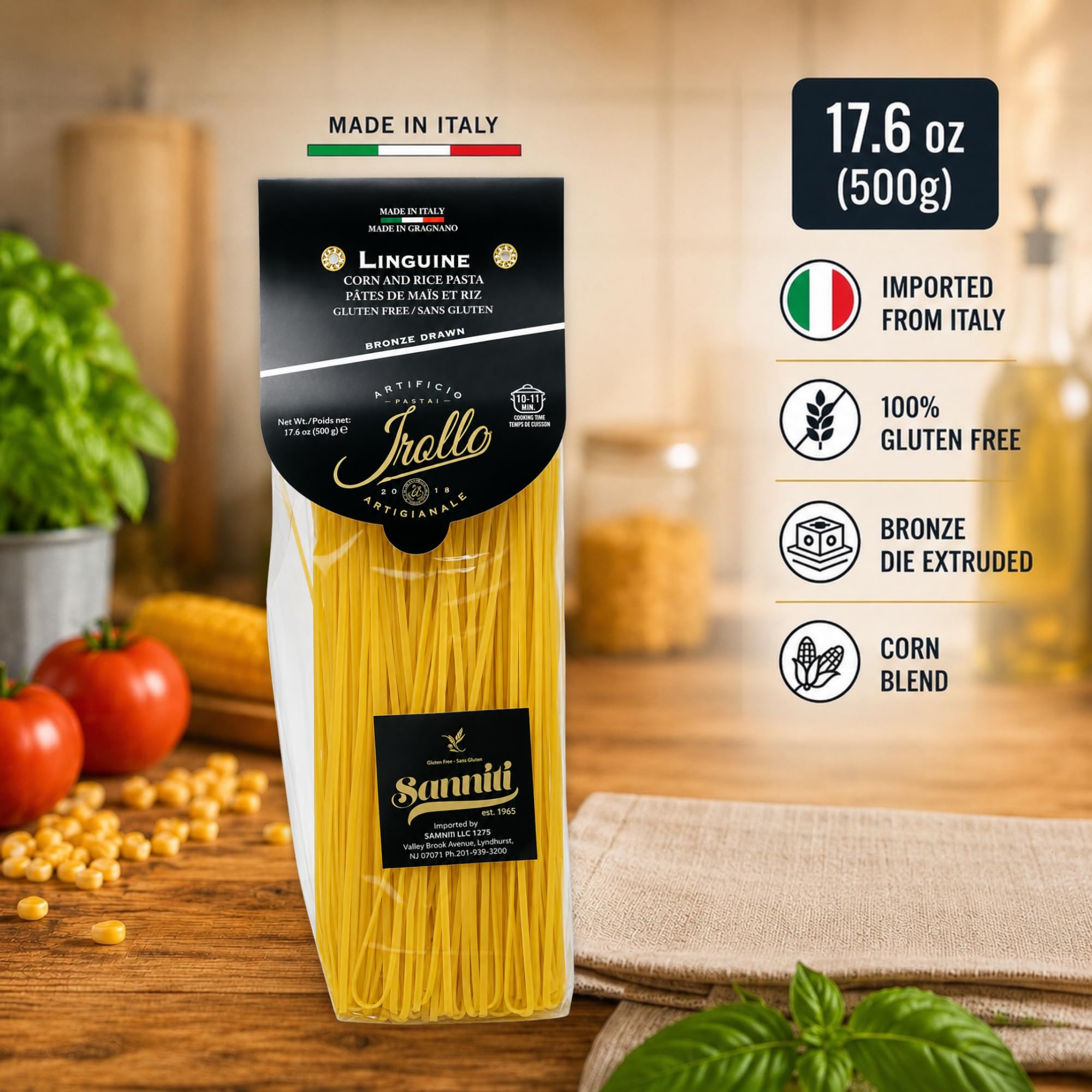 Sanniti linguine plated with seafood showing brand and serving appeal