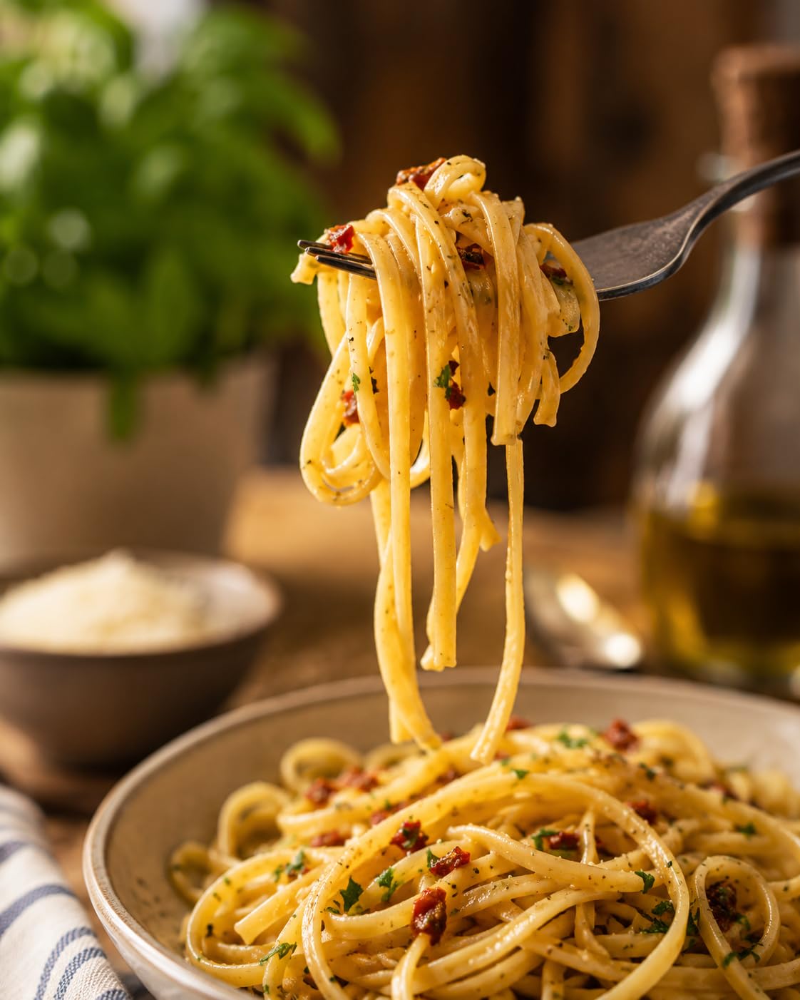 Sanniti linguine beside measuring cup showing brand and portion size