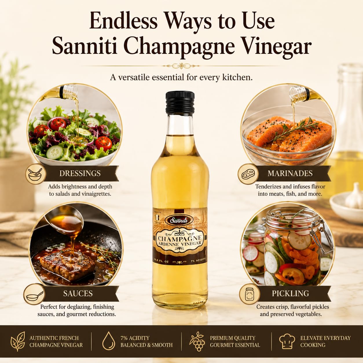 Sanniti bottle beside marinating bowl showing use benefit: tenderizes proteins