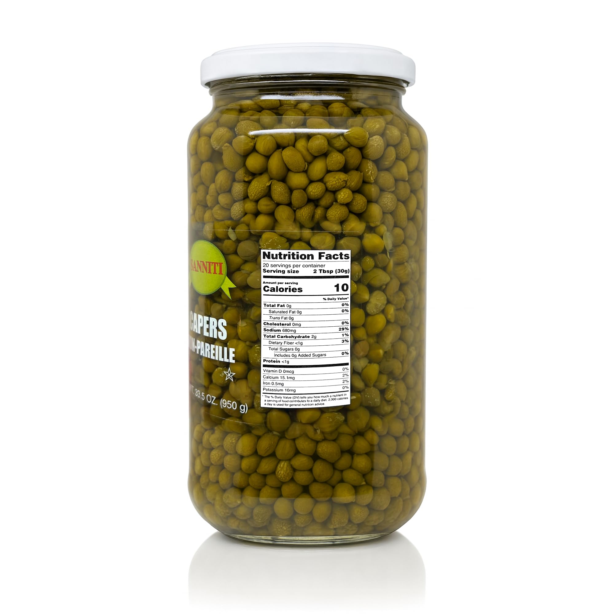 Sanniti open jar revealing capers in vinegar and salt brine for immediate use