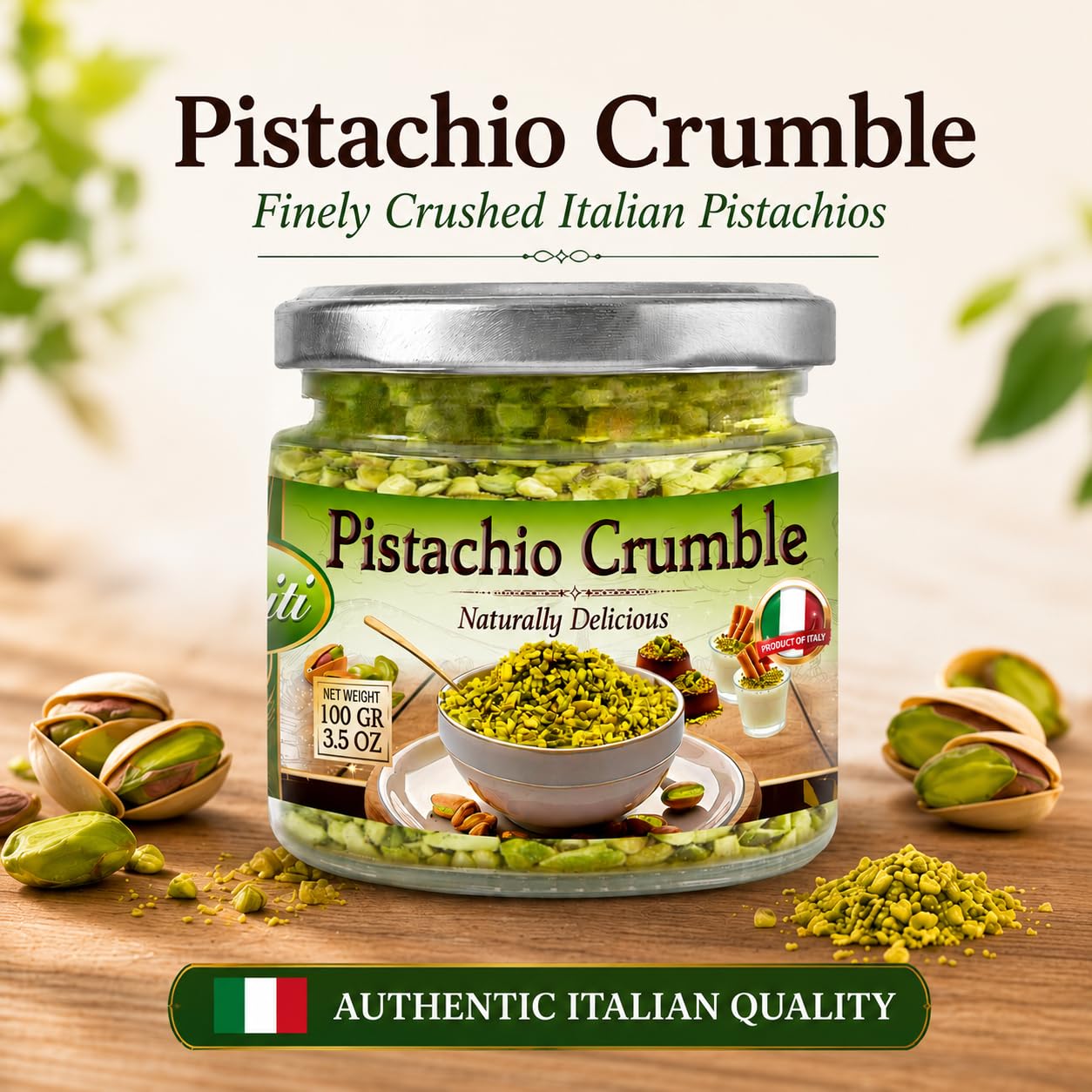 Sanniti pistachio sprinkled on gelato adding crunch and visual appeal