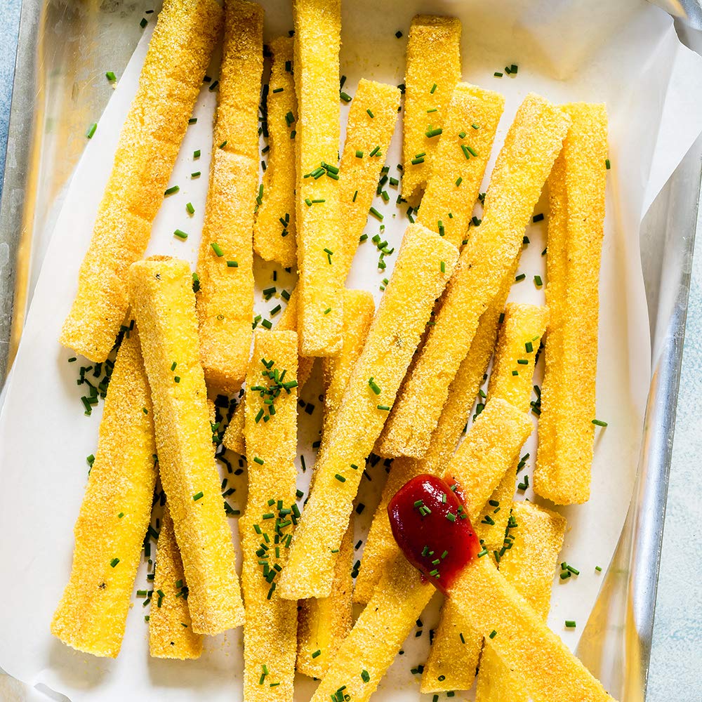 Sanniti polenta fries on plate showing oven-baked crisp, snack option