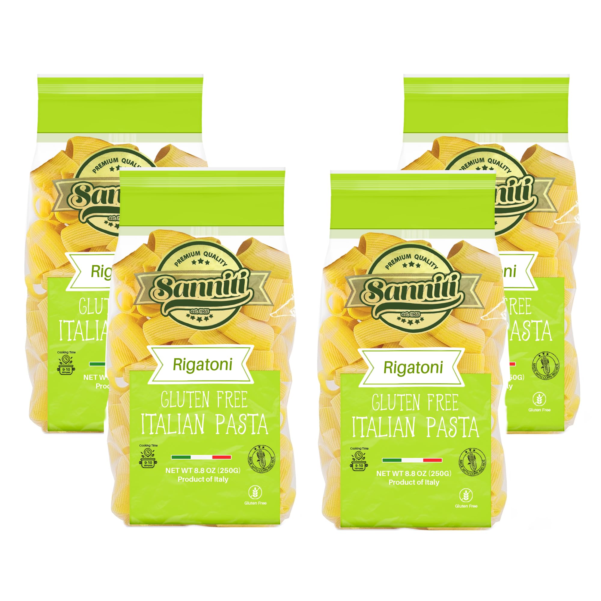 Sanniti rigatoni front packaging showing brand and gluten free benefit