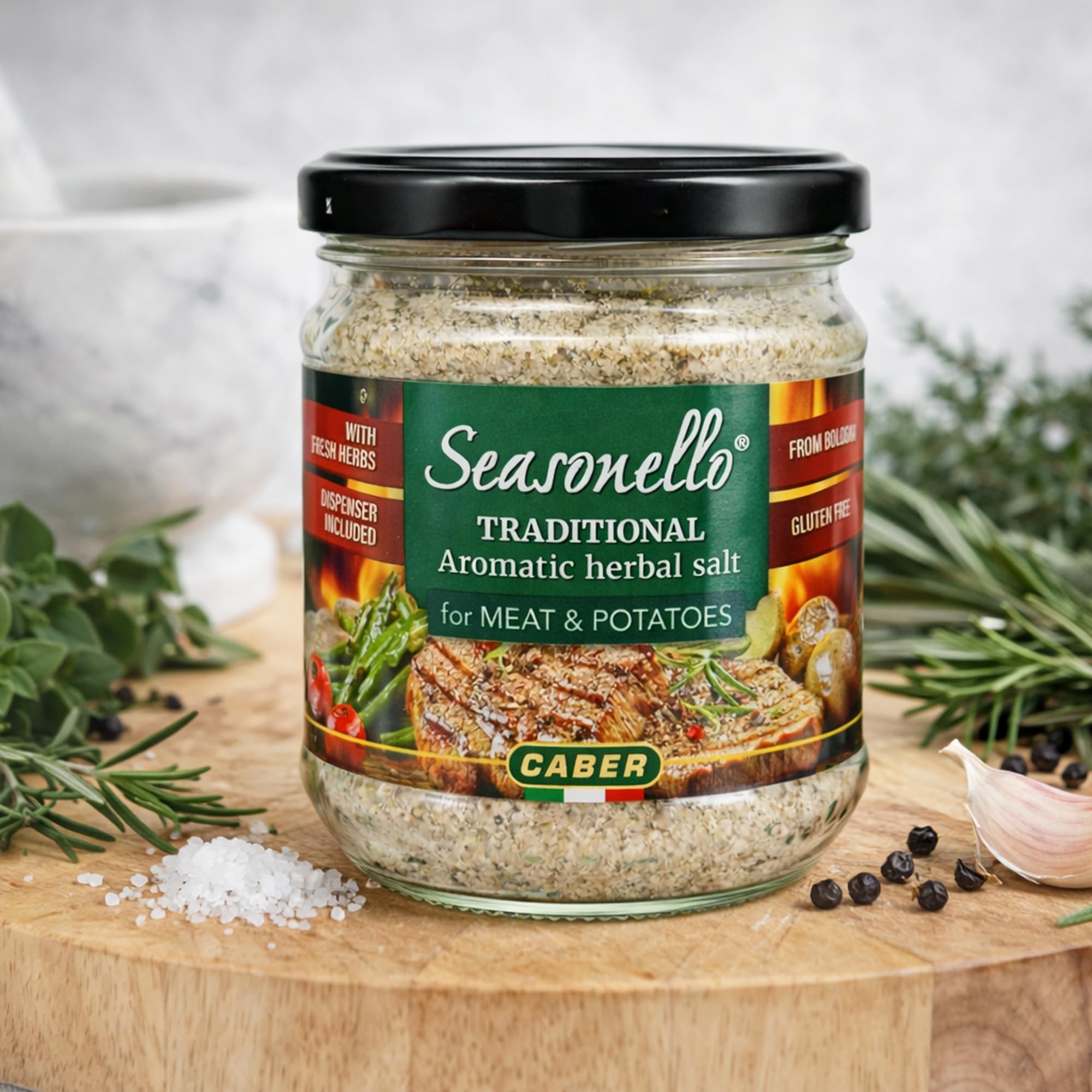 Sanniti Seasonello fresh herbs from Bologna bundled beside jar to show origin freshness
