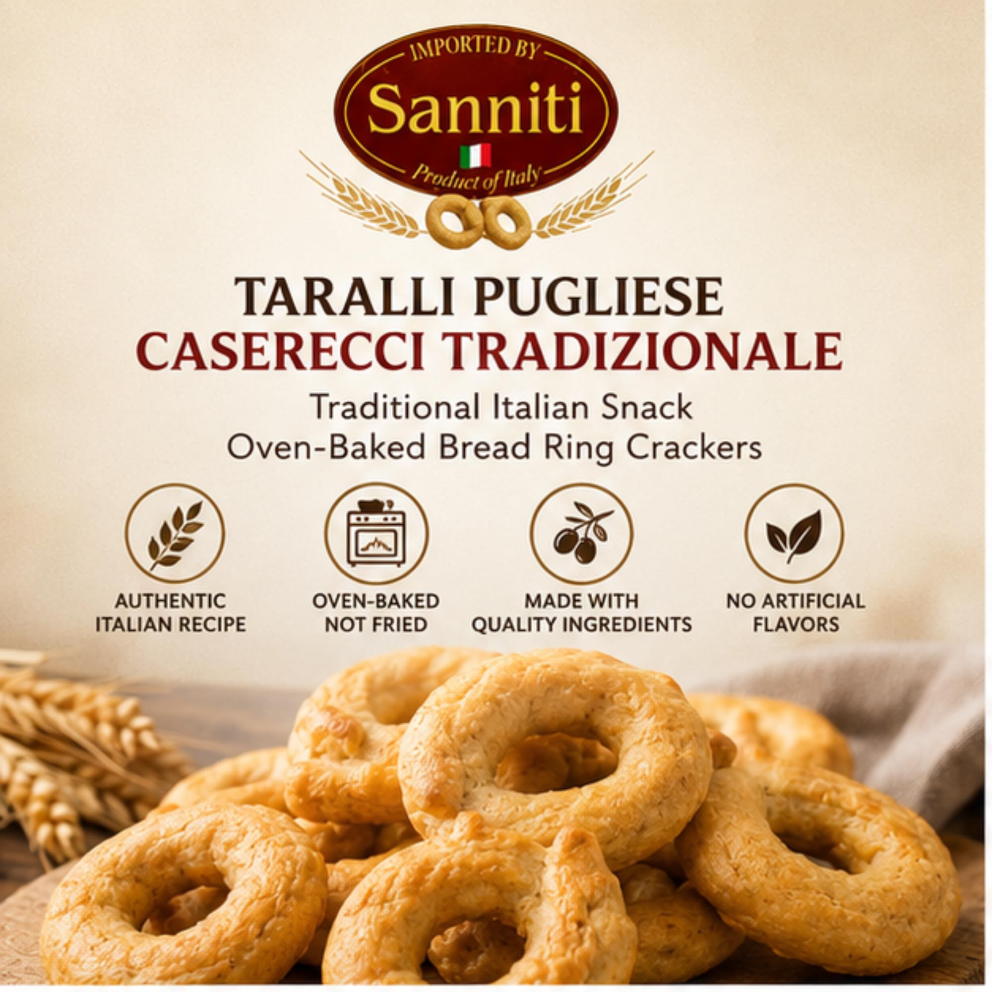 Five-pack of Sanniti taralli stacked for pantry stocking benefit