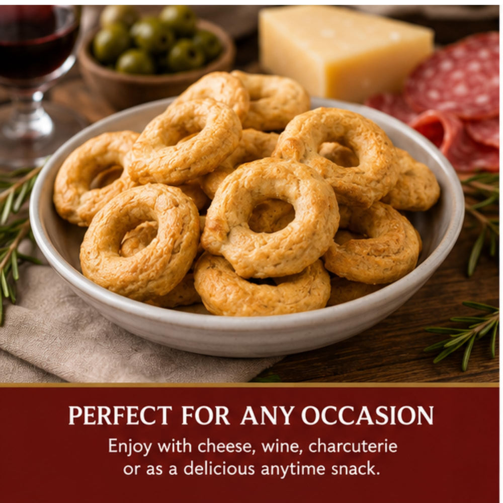 Sanniti taralli beside wine glass illustrating serving-size suggestion