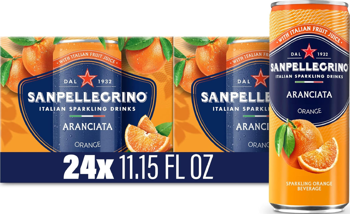 Sanpellegrino front packaging showing vibrant orange cans for quick recognition and appeal
