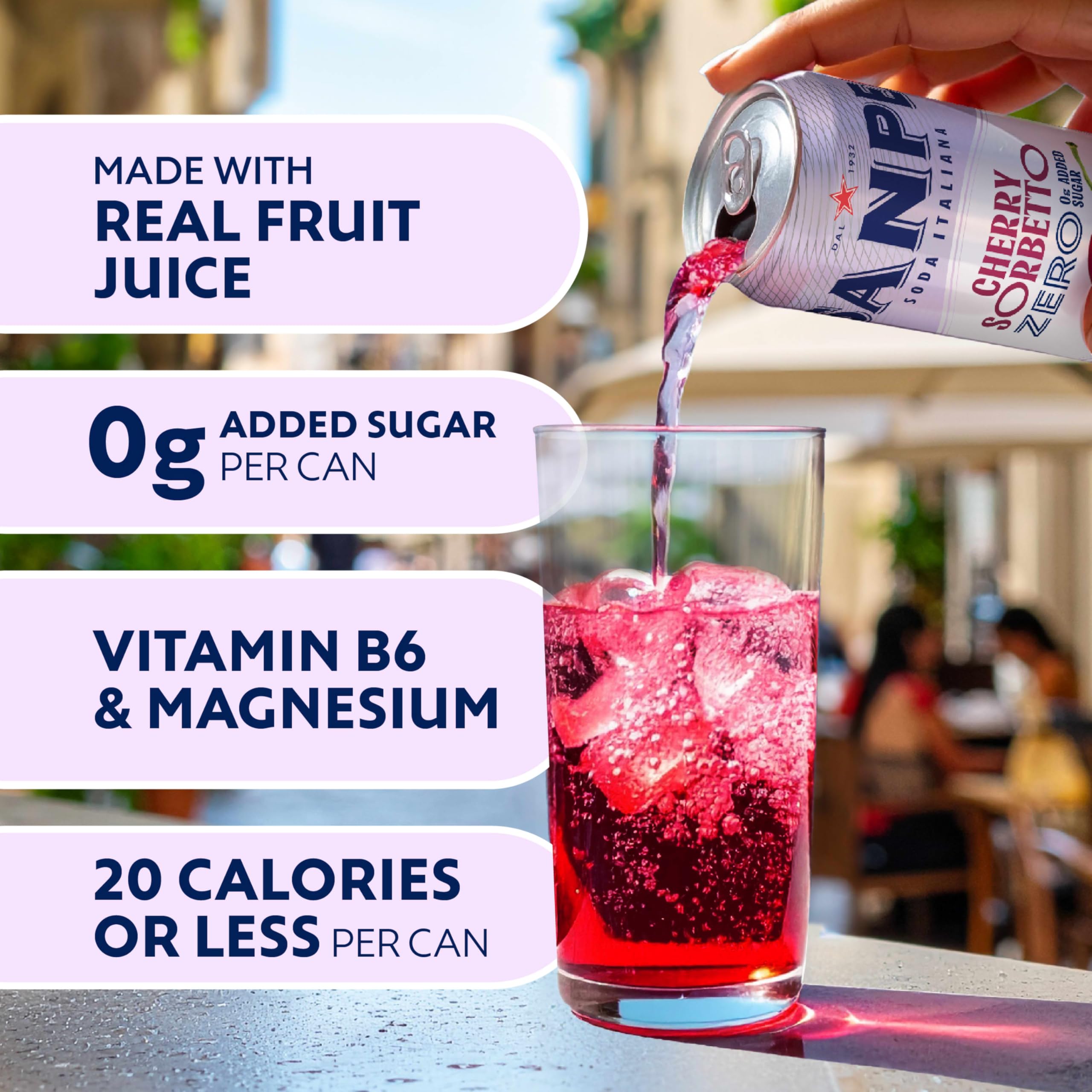 San Pellegrino close-up of Cherry Sorbetto can label showcasing bold color