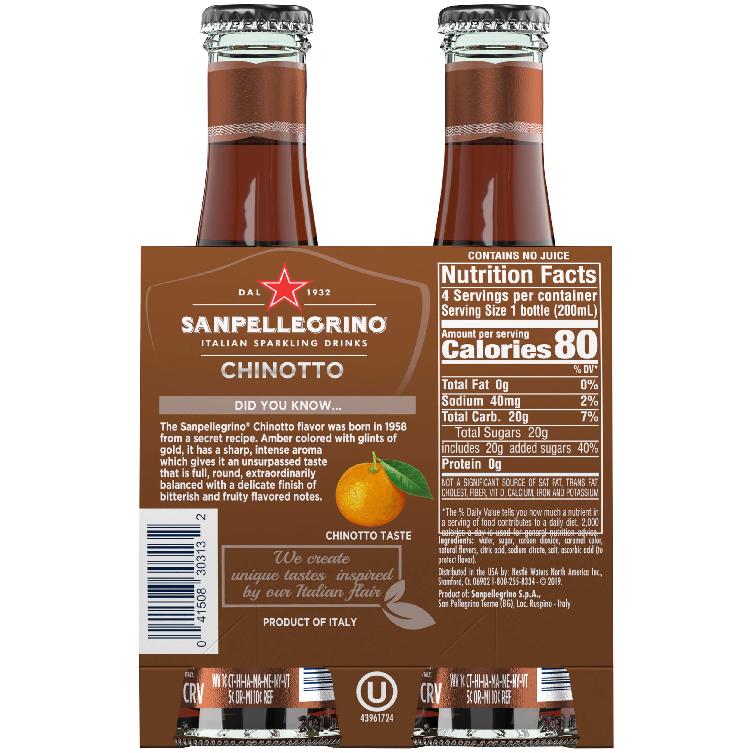 Macro view of San Pellegrino Chinotto bubbles and texture, showing refreshing effervescence