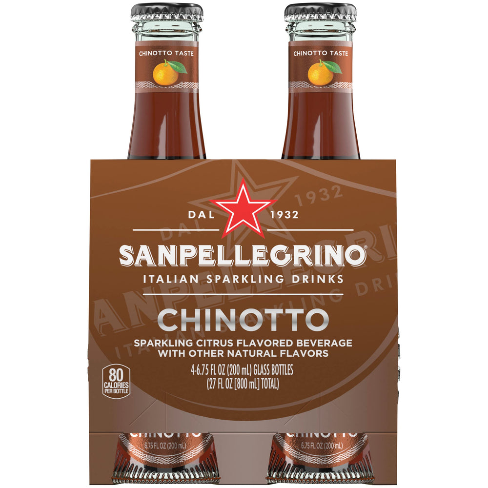 San Pellegrino Chinotto front packaging showing four bottles, highlighting convenience