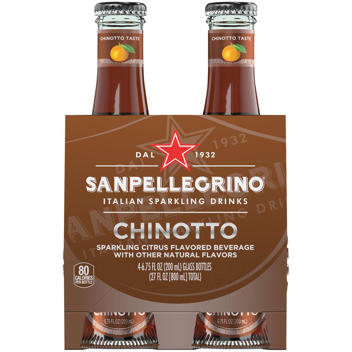 San Pellegrino Chinotto front packaging showing four bottles, highlighting convenience