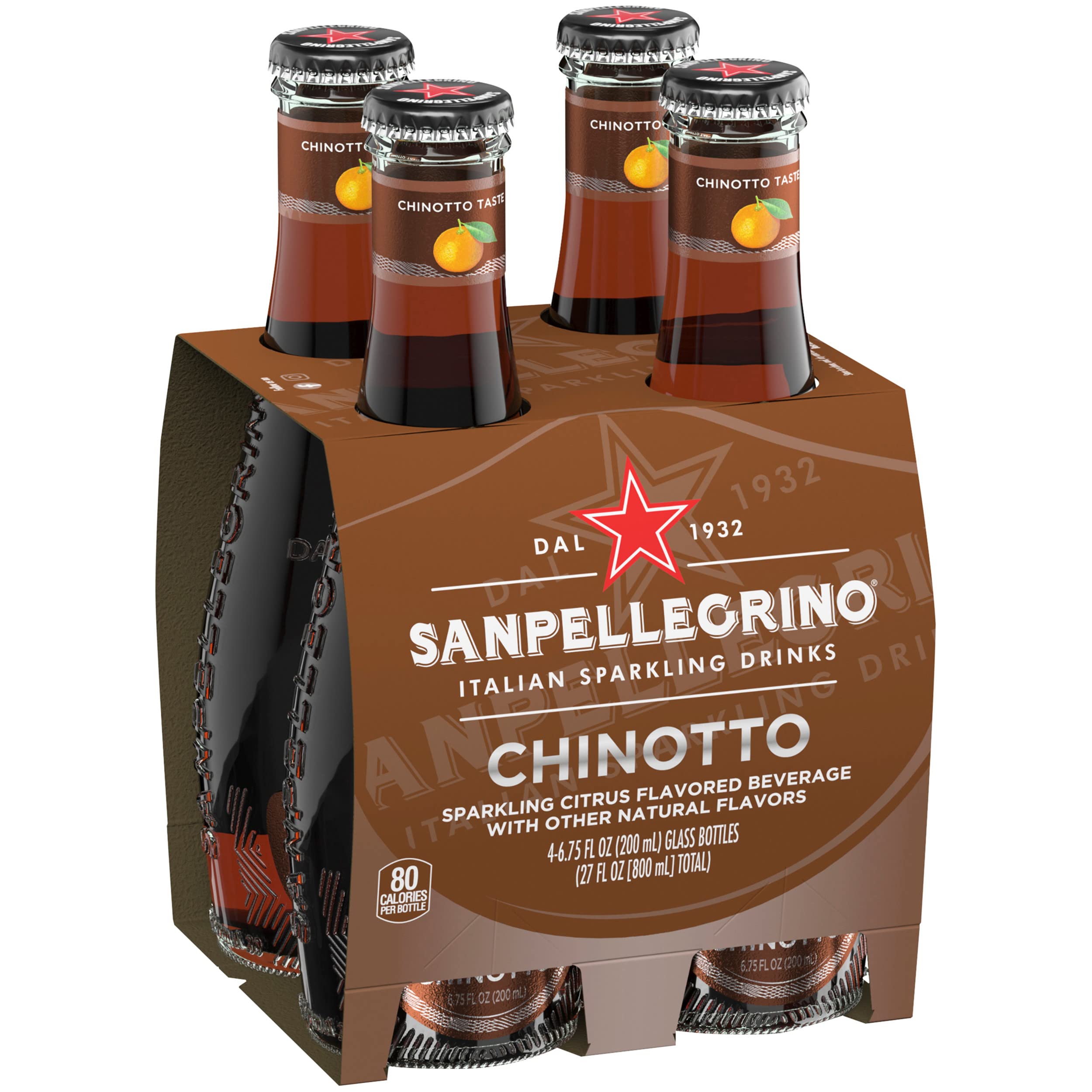 Close-up of San Pellegrino Chinotto glass bottle, emphasizing premium glass presentation