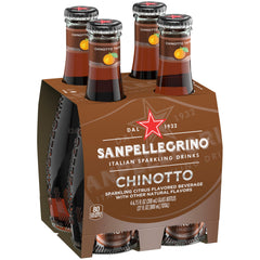 Close-up of San Pellegrino Chinotto glass bottle, emphasizing premium glass presentation