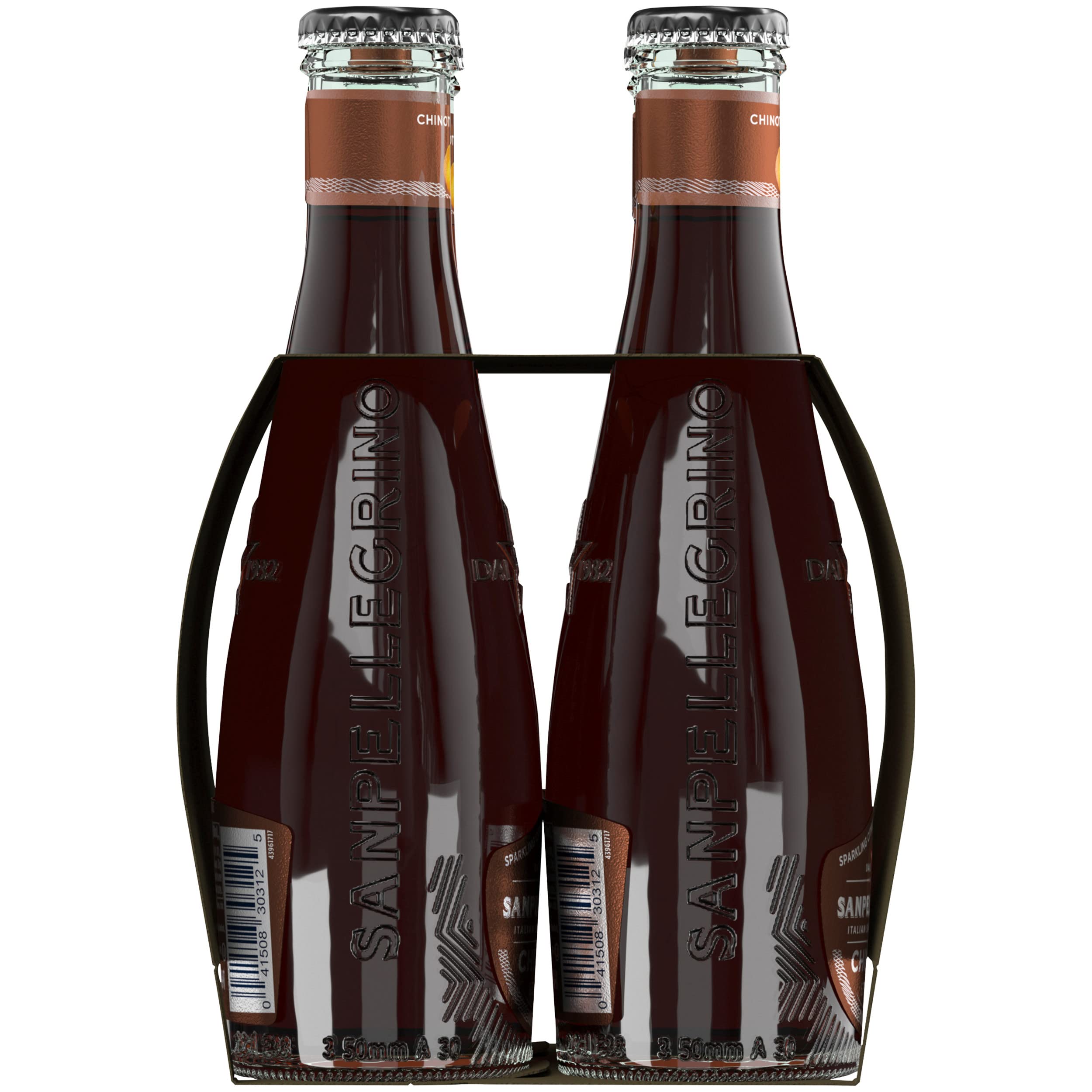Hand holding San Pellegrino Chinotto bottle for scale, illustrating single-serve size