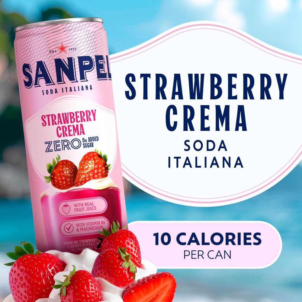 San Pellegrino can close-up label highlighting Strawberry Crema flavor and real juice benefit