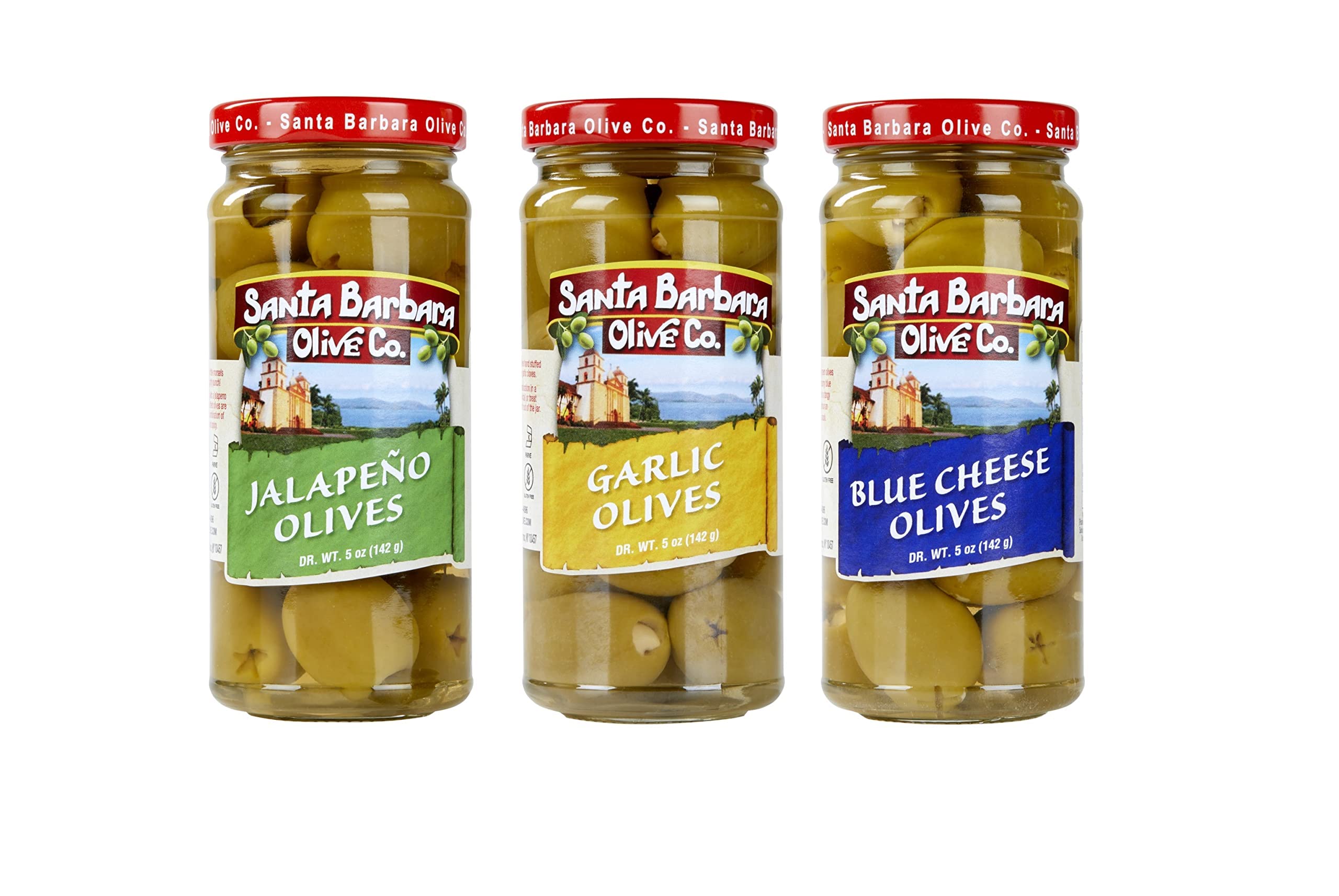 SANTA BARBARA OLIVE CO front packaging showing three 5 oz jars, great for gifting
