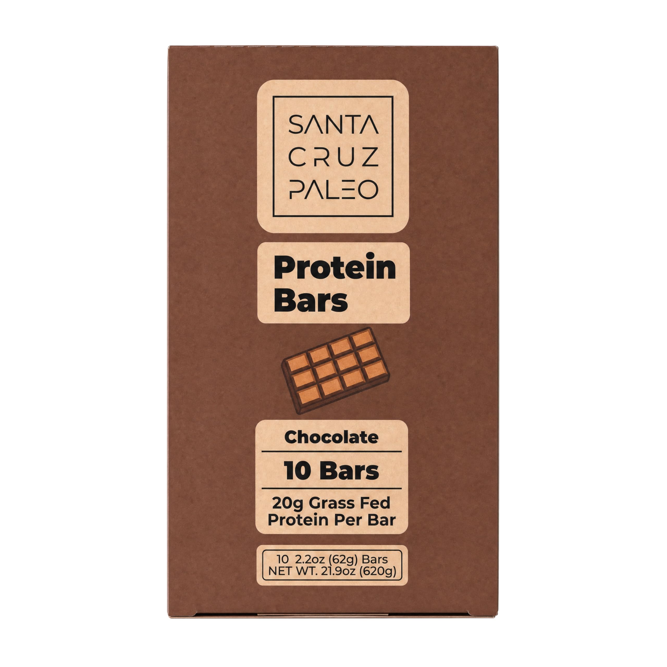 Santa Cruz Paleo front packaging showing chocolate bar and 10-pack convenience