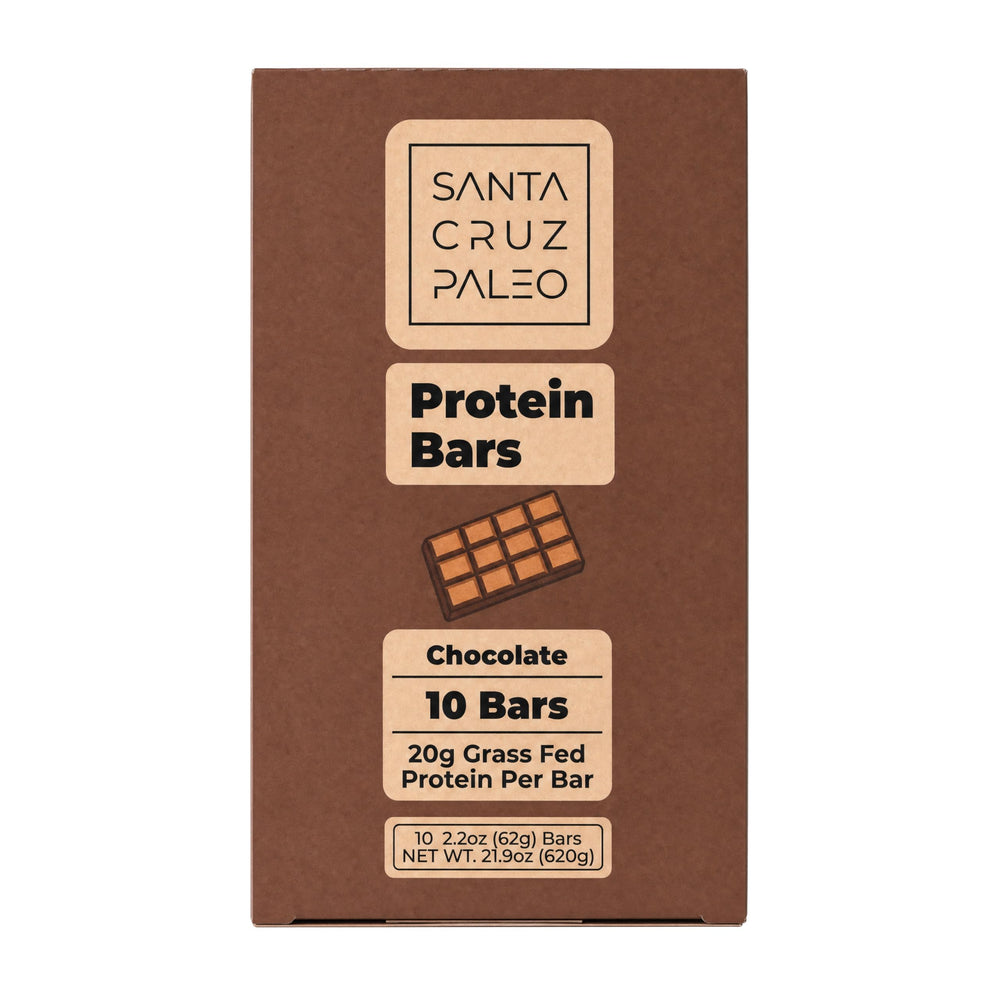 Santa Cruz Paleo front packaging showing chocolate bar and 10-pack convenience
