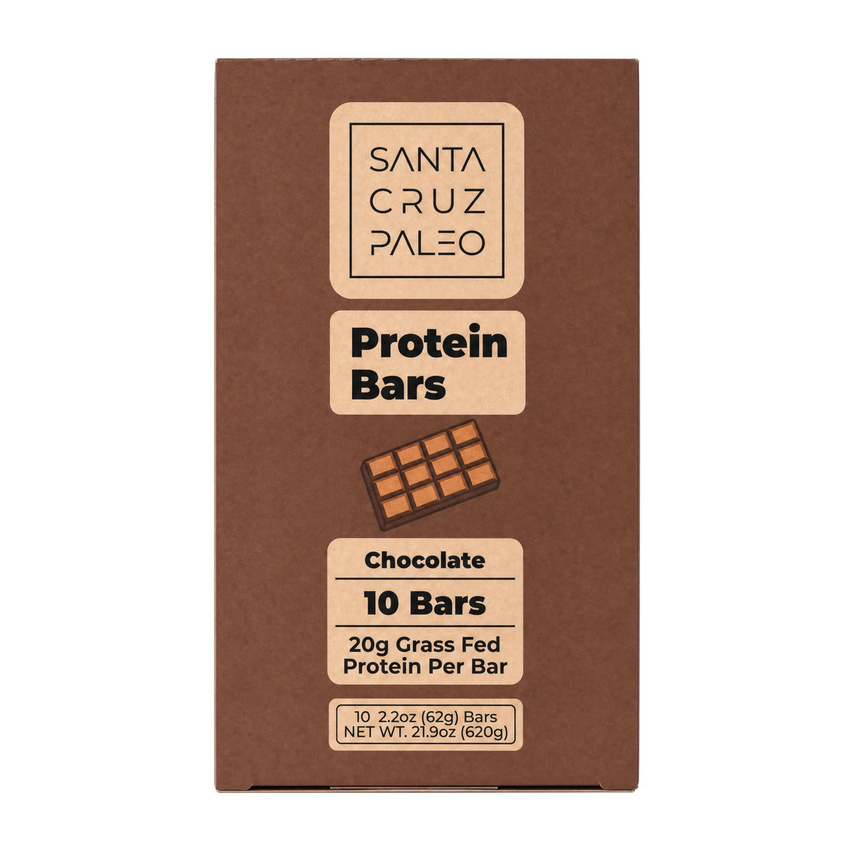 Santa Cruz Paleo front packaging showing chocolate bar and 10-pack convenience