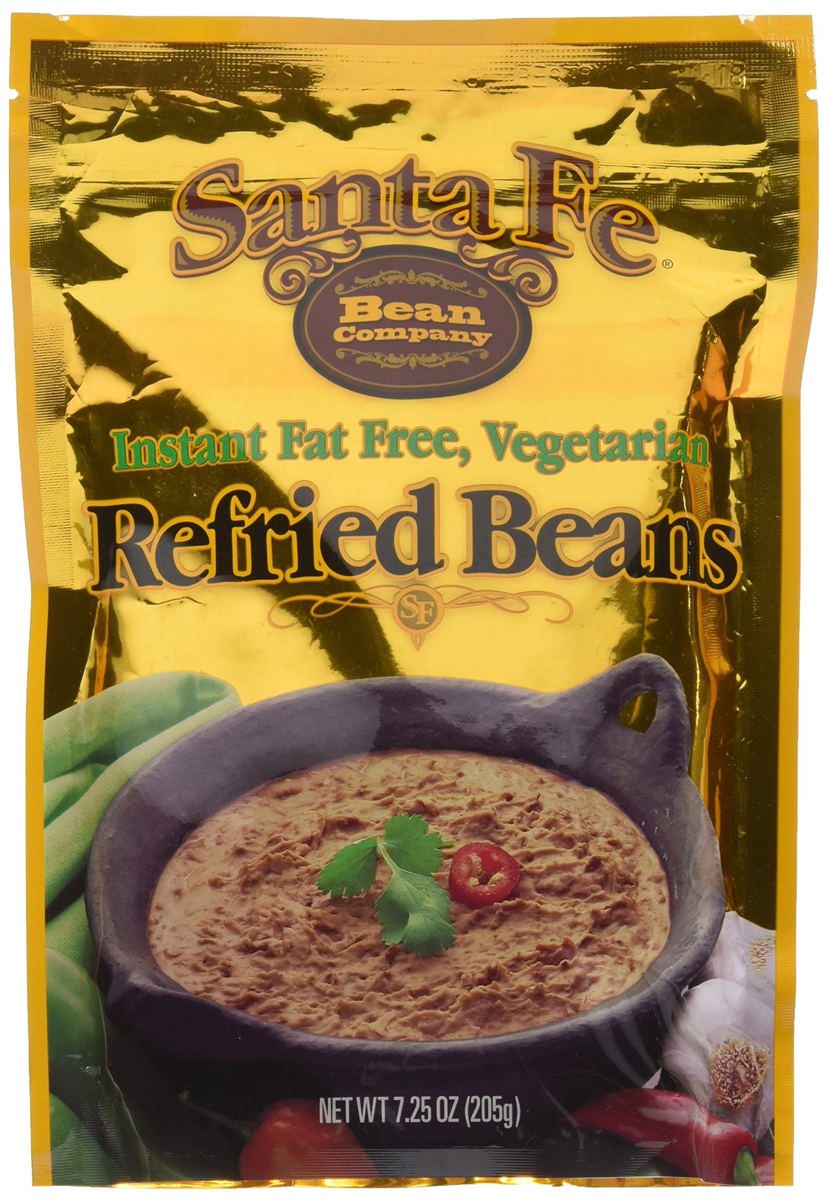 Santa Fe Bean front packaging cup showing label and fat-free benefit