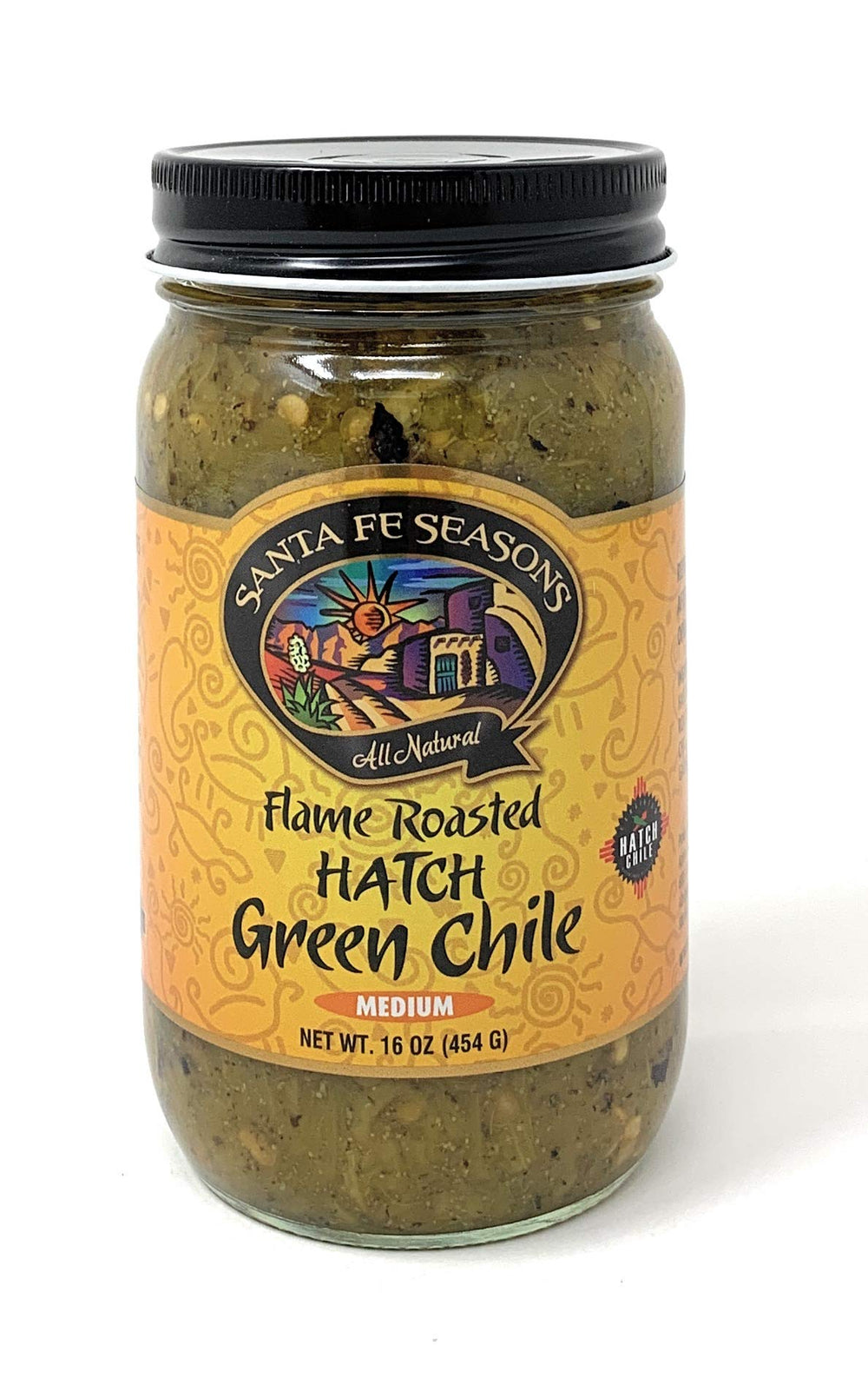Santa Fe Seasons jar front label showing 16 oz medium green chile