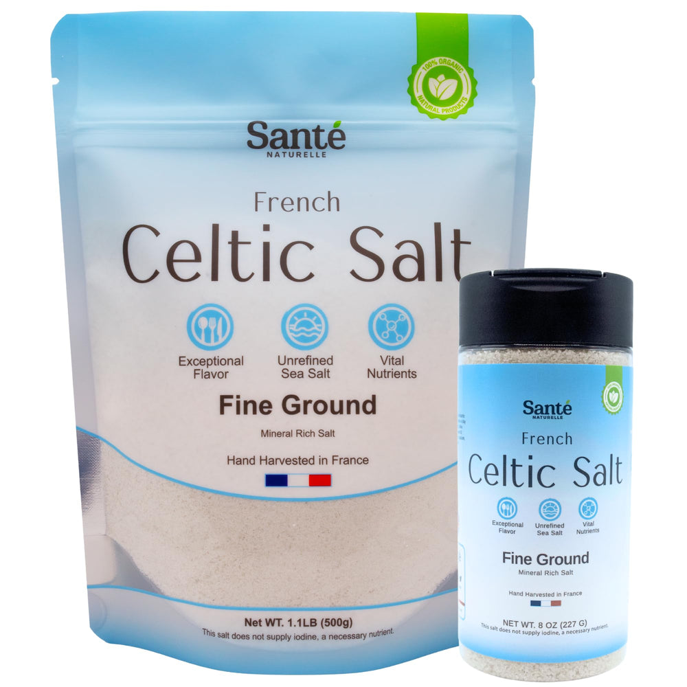 Sante Naturelle shaker front view showing fine Celtic salt and easy seasoning