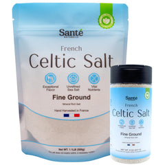 Sante Naturelle shaker front view showing fine Celtic salt and easy seasoning