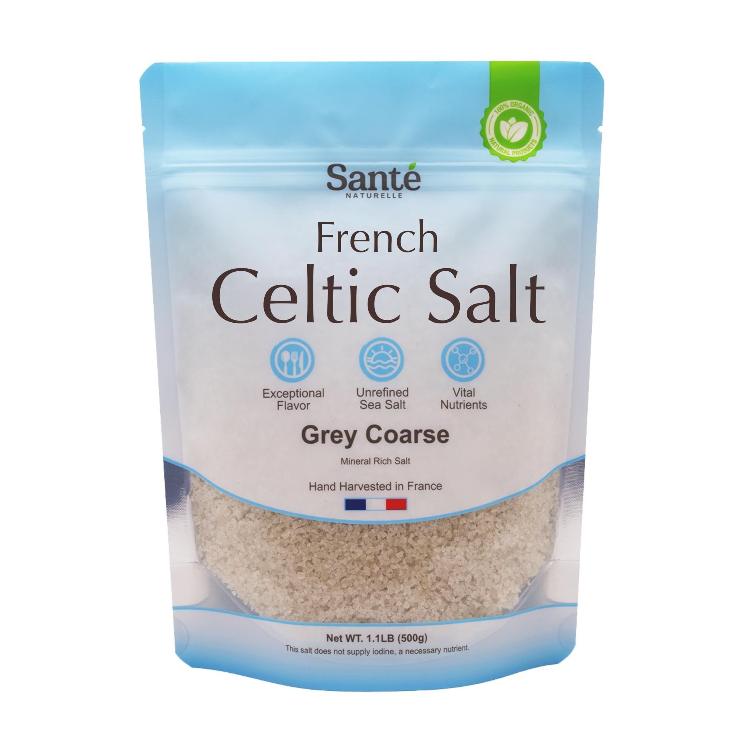 Sante Naturelle front packaging showing coarse Celtic grey sea salt, natural flavor benefit