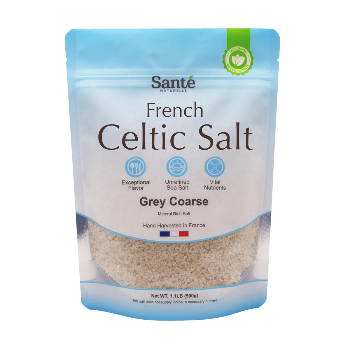 Sante Naturelle front packaging showing coarse Celtic grey sea salt, natural flavor benefit