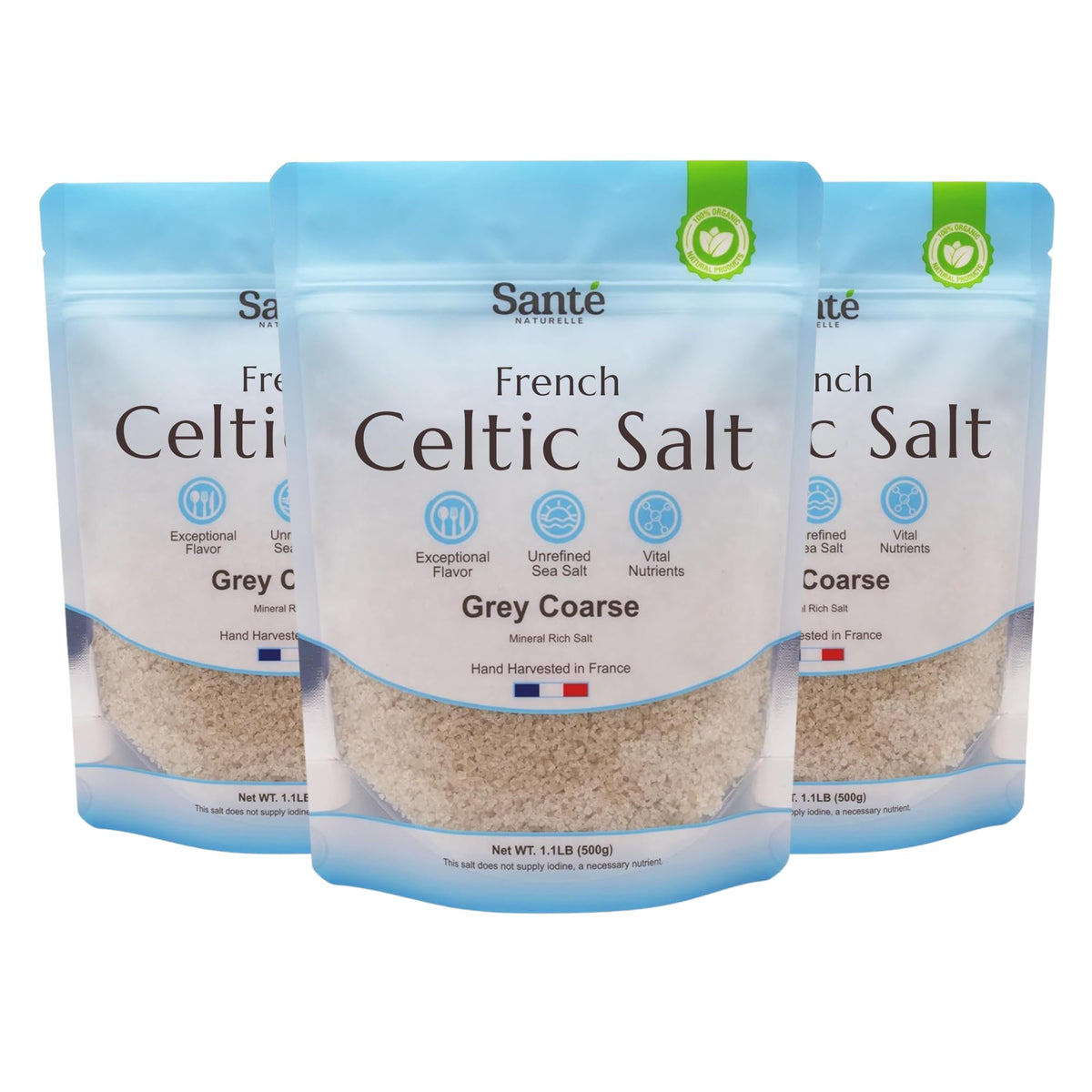 Sante Naturelle front packaging showing three 18oz bags and natural provenance benefit