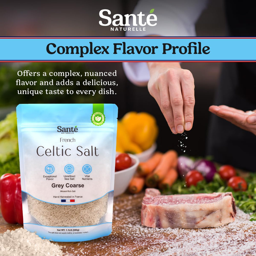 Sante Naturelle hand-harvested salt piles on wooden tray showing artisanal origin