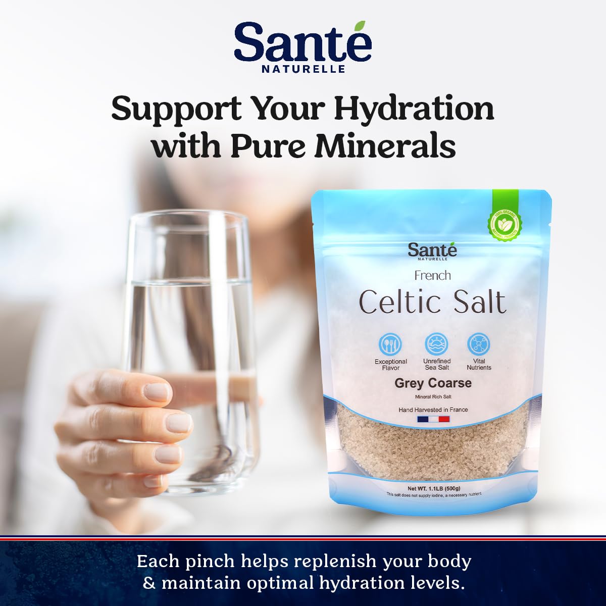 Sante Naturelle salt scoop next to ruler illustrating pack size and portioning ease