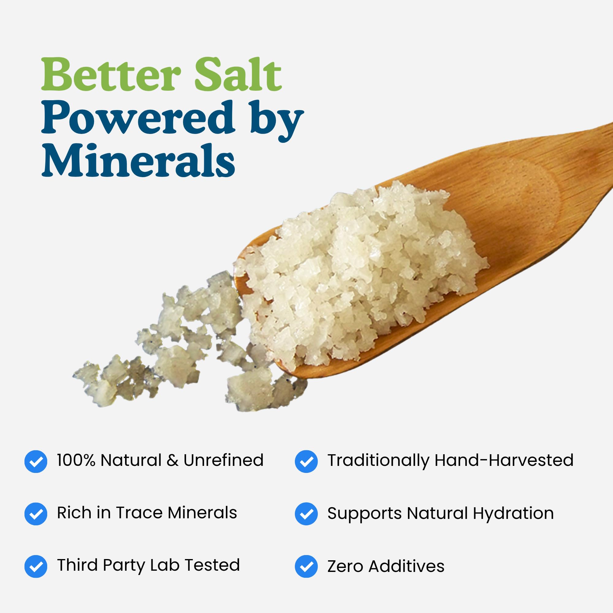 Sante Naturelle salt in spoon displayed for scale, communicates grain size and dosing ease