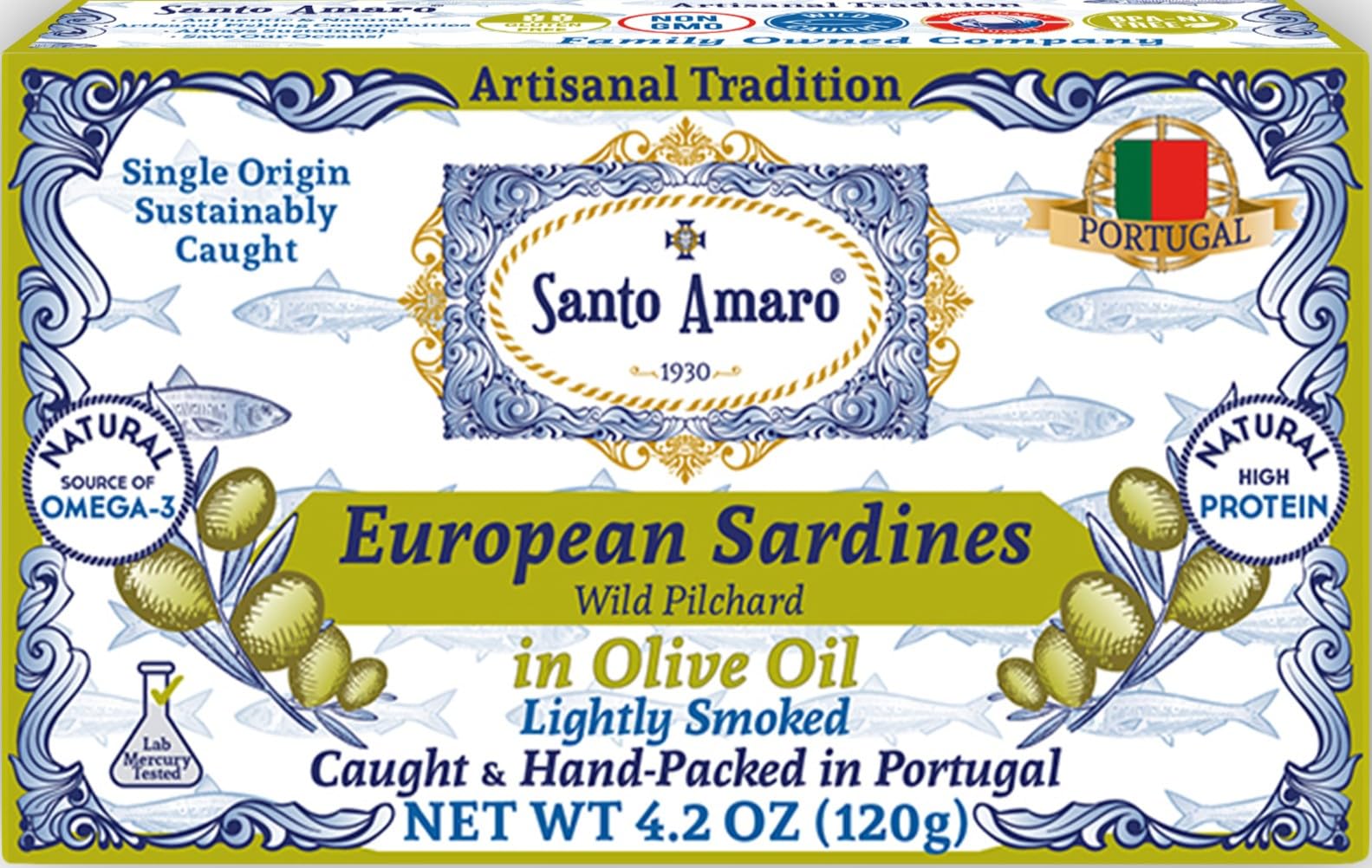 Santo Amaro front can showing label and packaging benefit of authentic Portuguese origin