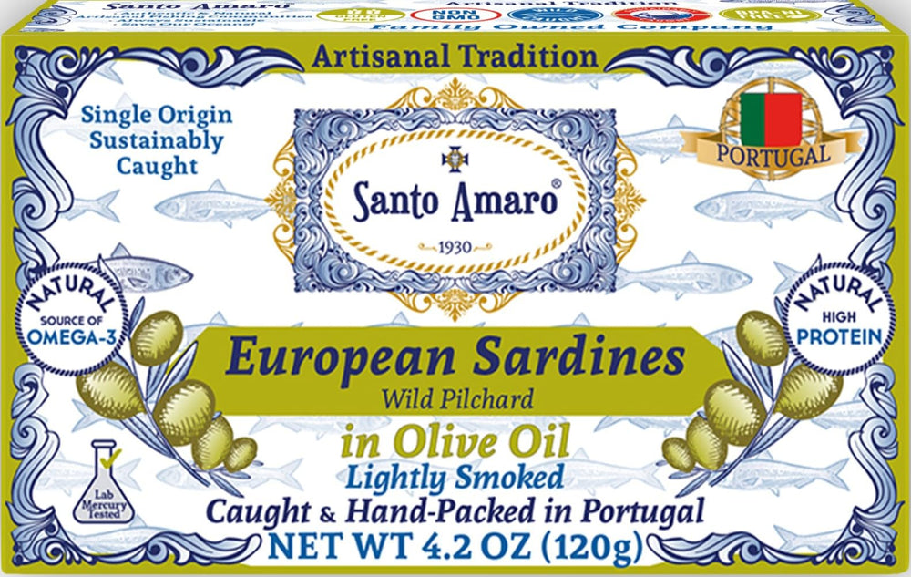 Santo Amaro front can showing label and packaging benefit of authentic Portuguese origin