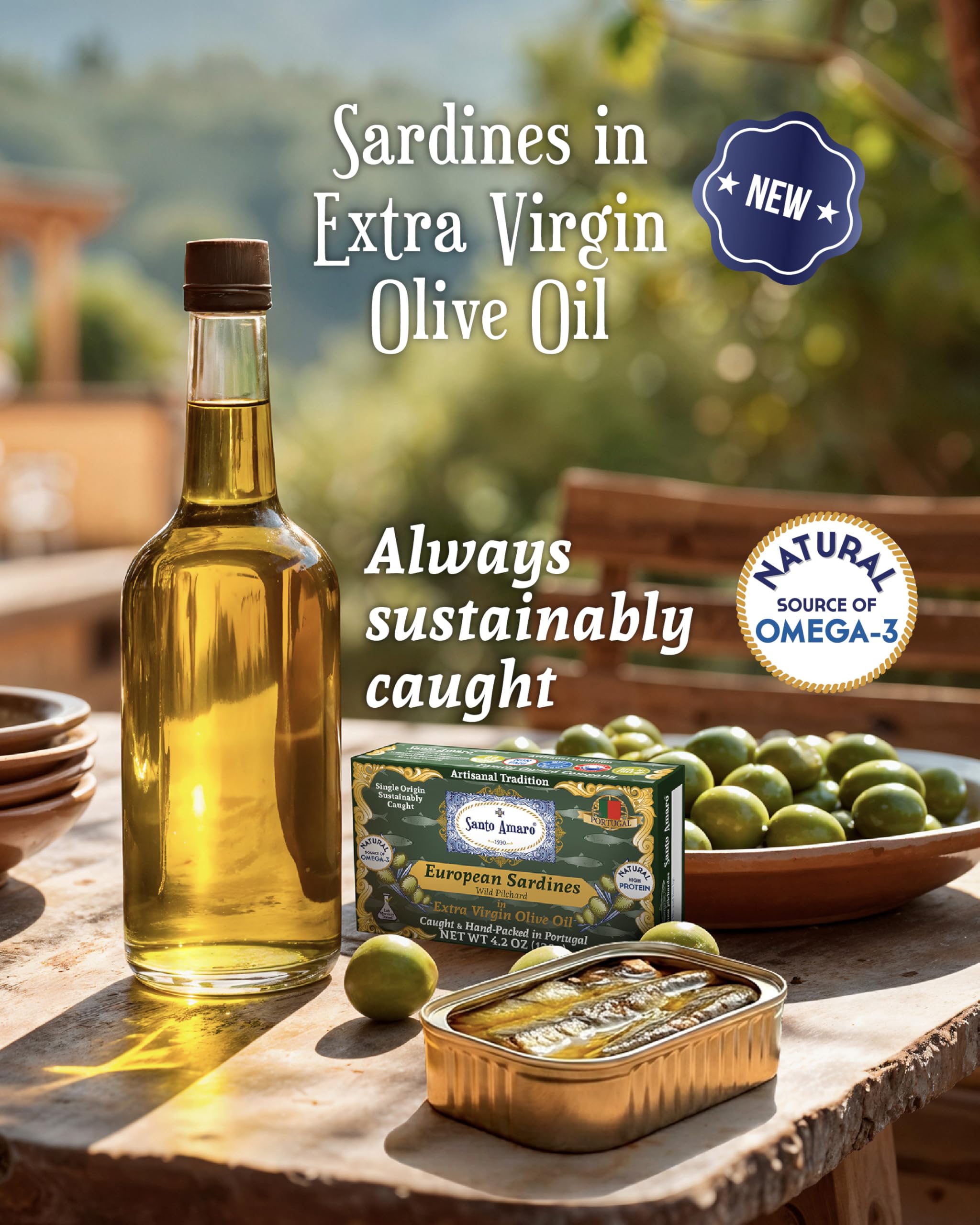 Santo Amaro open can top view revealing whole sardines in olive oil freshness