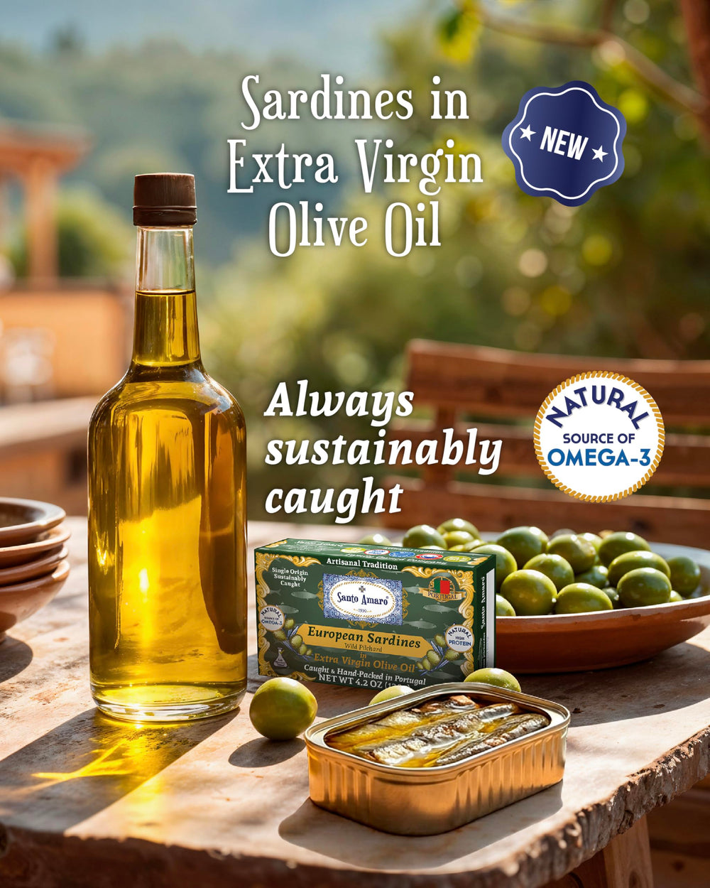 Santo Amaro open can top view revealing whole sardines in olive oil freshness