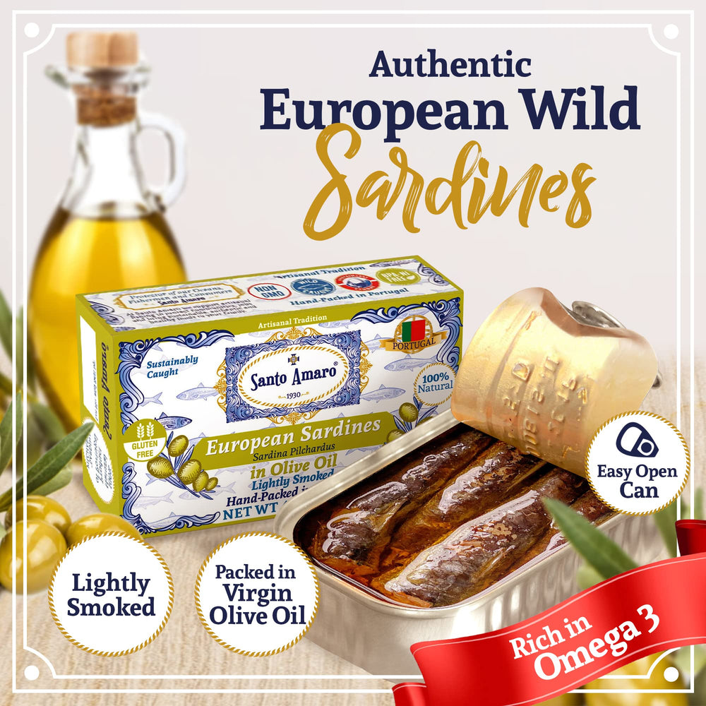 Santo Amaro open can top view revealing whole sardines in olive oil and ready-to-eat convenience